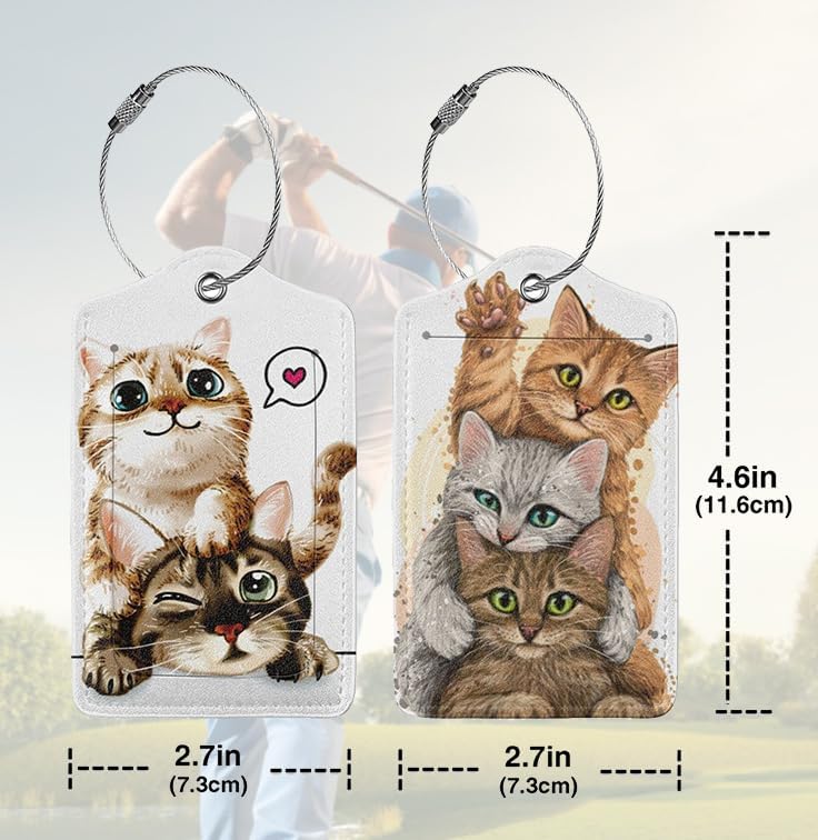 2 Pack Luggage Tags for suitcases Cute Funny cat Luggage Tag, Leather Stainless Steel Loop Label Tag for Men Women Travel Bag Suitcase（2 cat）