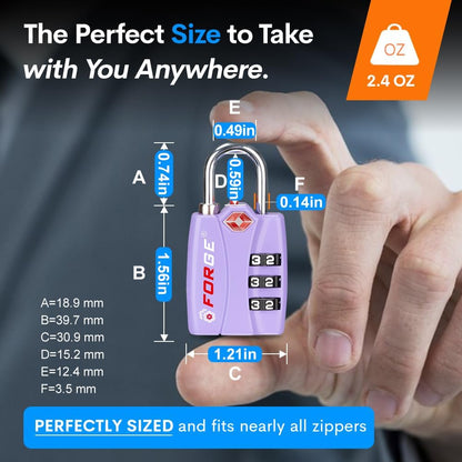 Forge Luggage Locks TSA Approved 4 Pack Purple, Small Combination Lock with Zinc Alloy Body, Open Alert, Easy Read Dials, for Travel Suitcase, Bag, Backpack, Lockers.