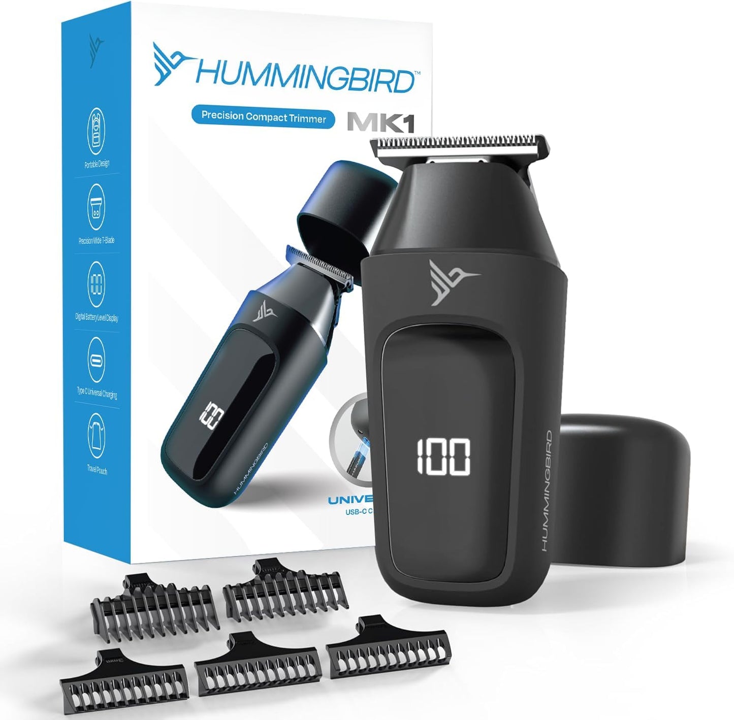 HUMMINGBIRD MK1 Compact Trimmer – Portable Electric Beard & Body Hair Trimmer for Men, Cordless USB-C Rechargeable, Face & Body Groomer, Travel Shaver, Travel Pouch, Great Gifts for Men, Dad, Husband