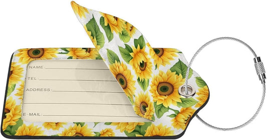 Lovely Sunflower Leather Luggage Tag with Stainless Steel Ring, Fun Name Id Card Cover Travel Bag Tag Set, Suitable for Travel Bag Luggage Women Men 1 PCS
