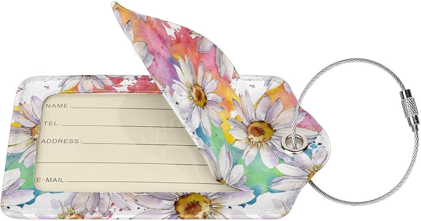 Colorful Daisy Flower Luggage Tags Suitcase Tag Privacy Name ID Card Spring Floral Travel Bag Labels with Stainless Steel Loop for Women Men Girls Set of 2