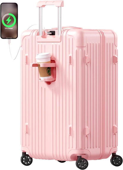 Krute 28 inch Luggage with Spinner Wheels Checked Suitcases with USB Port and Cup Holder TSA Lock PC+ABS Hardside Luggages
