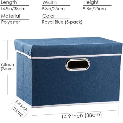 PRANDOM Foldable Storage Bin with Lid [5-Pack] Linen Fabric Decorative Storage Box Organizer Container Basket Cube with Handles Divider for Closet Office Living Room Royal Blue(14.9x9.8x9.8)