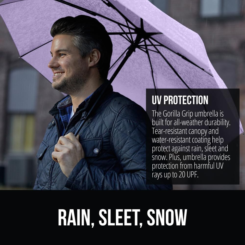 GORILLA GRIP Strong Stick Umbrella for Rain, Compact Travel One-Click Automatic Open Close, Lightweight, Portable, US Designed Reinforced Fiberglass Ribs, Wind Resistant, Easy Collapse, Purple