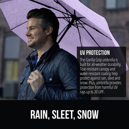 GORILLA GRIP Strong Stick Umbrella for Rain, Compact Travel One-Click Automatic Open Close, Lightweight, Portable, US Designed Reinforced Fiberglass Ribs, Wind Resistant, Easy Collapse, Purple