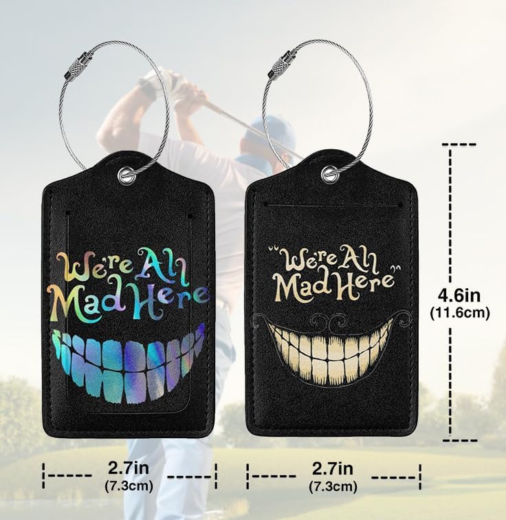 2 Pack Luggage Tags for suitcases Funny Cute Smiley Face We're All Mad Here Luggage Tag, Leather Stainless Steel Loop Label Tag for Men Women Travel Bag Suitcase(Smiley)