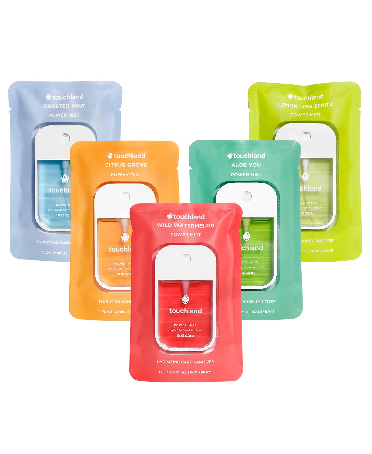Touchland Power Mist Hydrating Hand Sanitizer Spray, FRESH 5 Set (Mint, Citrus, Lemon Lime, Aloe, Watermelon), 1 FL. OZ. Travel Size (Set of 5)