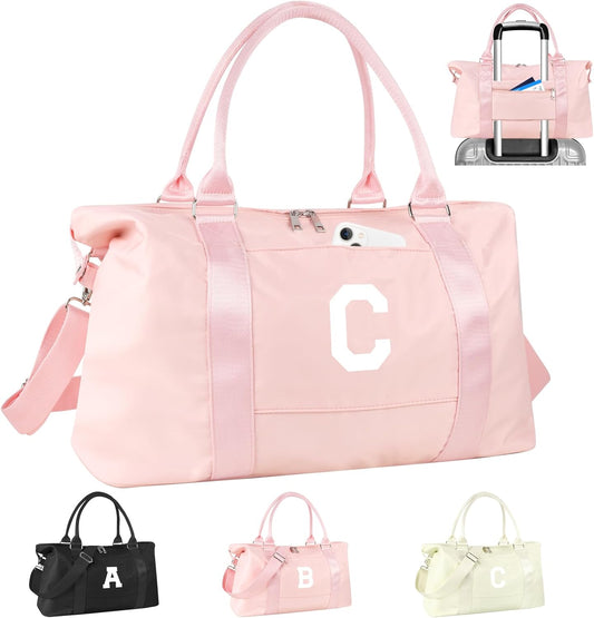 Initial Travel Duffel Bag Sports Gym Bag for Girls Teen Birthday Gifts,Pink Personalized Weekender Bag Carry On Tote Bags for Women Men,Waterproof Overnight Luggage Bag with Trolley Sleeve(Letter C)