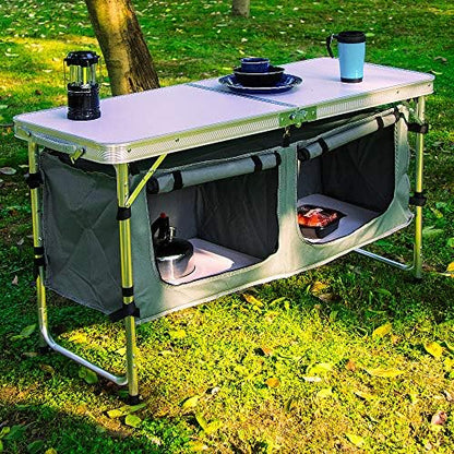 CampLand Outdoor Folding Table Aluminum Lightweight Height Adjustable with Storage Organizer for BBQ, Party, Camping