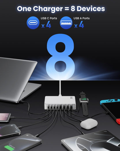 200W USB C Charger Block,GaN IV Charging Station 8 Ports,QC4.0 Fast Charging Station Hub+PD 65W USB C Laptop Charger Adapter Compatible with MacBook Air/Pro,DELL,iPhone 16/15,iPad,Steam Deck-White