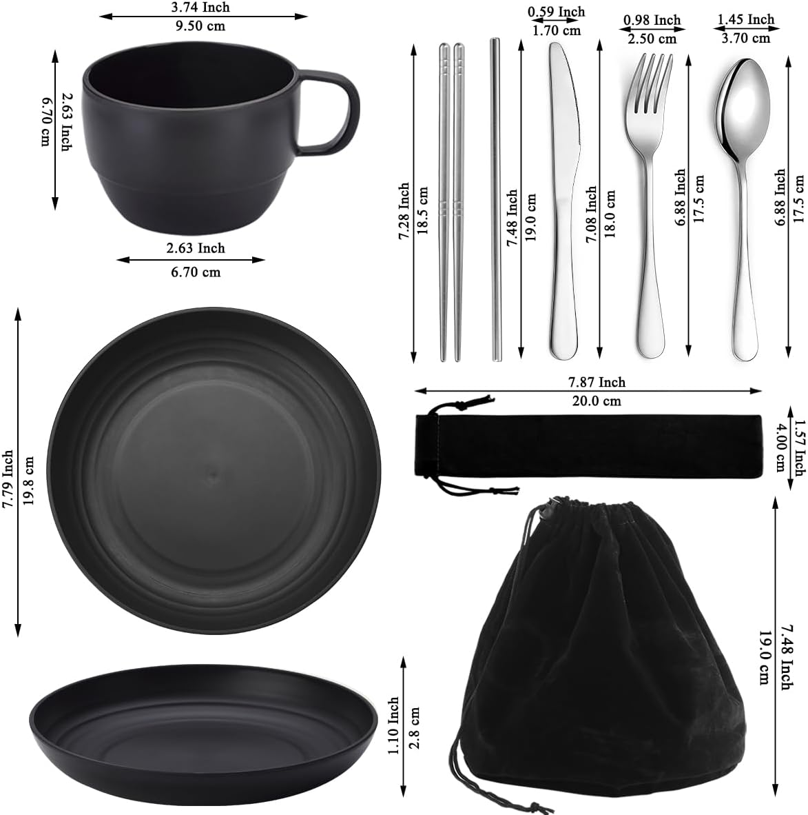 Camping Essentials Set, HOMQUEN Camping Plates and Bowls Set, Coffee Mug, Travel Cutlery Set Include Spoon, Fork, Knife for Work, Outdoor,Picnic, Camp （Black）