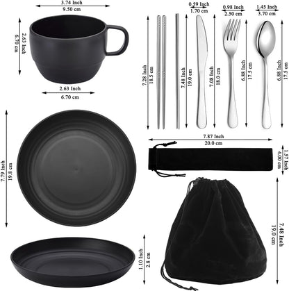 Camping Essentials Set, HOMQUEN Camping Plates and Bowls Set, Coffee Mug, Travel Cutlery Set Include Spoon, Fork, Knife for Work, Outdoor,Picnic, Camp （Black）