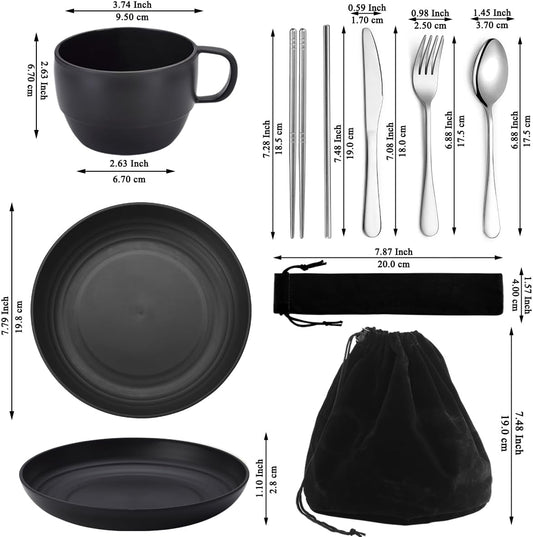 Camping Essentials Set, HOMQUEN Camping Plates and Bowls Set, Coffee Mug, Travel Cutlery Set Include Spoon, Fork, Knife for Work, Outdoor,Picnic, Camp （Black）