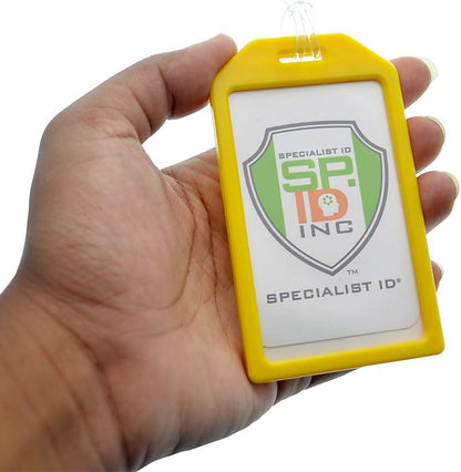 5 Pack - Premium Rigid Airline Luggage Tag Holders with 6" Worm Loops - Heavy Duty Hard Plastic -Suitcase ID Tag Identifiers with Business Card Insert Window by Specialist ID (Yellow)