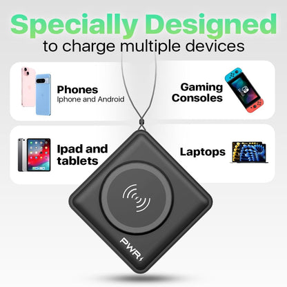 PWR Travel PRO 5-in-1 Power Bank with Case Included– 10,000mAh with Built-in Cables – 20W USB-C + 15W Wireless Charging – Compact Portable Charger for iPhone & Android- Black