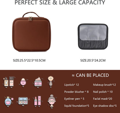 Makeup Bag with Led Mirror,Travel Makeup Organizer with 3 Color Setting, Portable Storage and Adjustable Dividers Travel Makeup Bag(Dark brown)