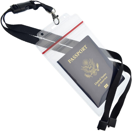 5 Pack - Passport & Vaccination Card Holder - Heavy Duty Waterproof Tear Resistant Sleeve with Zip Top & Premium Breakaway Lanyard - 4X6 Insert for Cruise, Travel, & Beach Vacation Documents