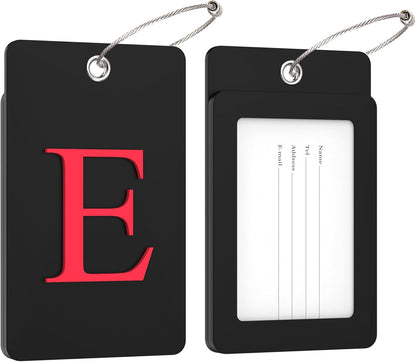 Gostwo 2 Pack Luggage Tags for Suitcases, 26 Initial Letter Travel Luggage Baggage Identification Labels ID Tag Fully Bendable Tags with Stainless Steel Loop (Black) (Letter E)