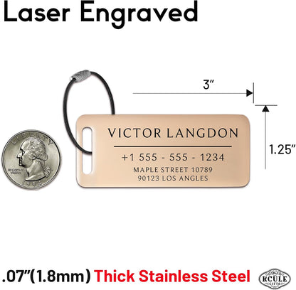 Personalized Luggage Tags for Suitcases - Stainless Steel Custom Luggage Tags for Backpacks & Bags, Sturdy, Waterproof & Heavy Duty (Rose Gold / 3" x 1.25")