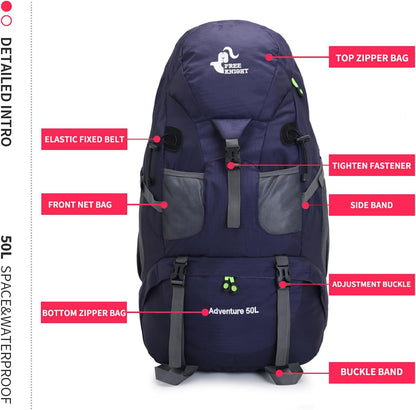 Bseash 50L Hiking Backpack, Water Resistant Lightweight Outdoor Sport Daypack Travel Bag for Camping Climbing Skiing Cycling (Dark Purple - With Shoe Compartment)