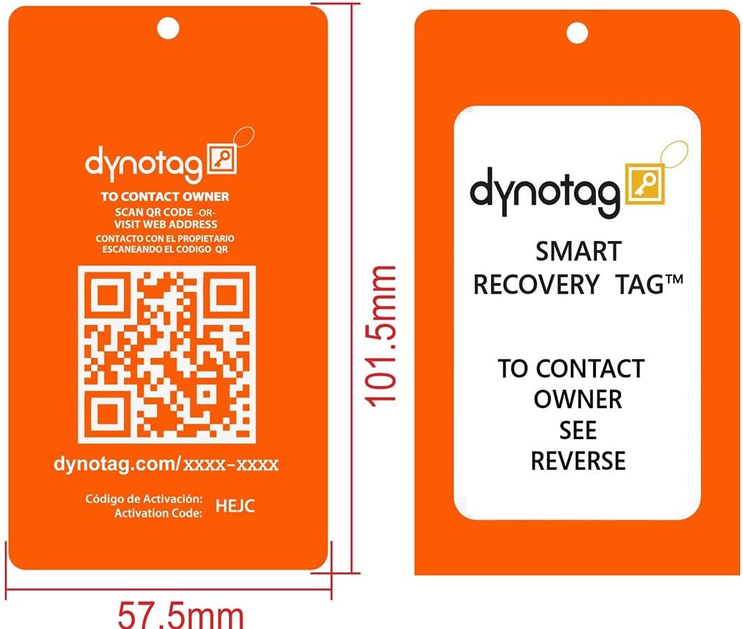 Dynotag® Web Enabled Smart Aluminum Convertible Luggage ID Tag + Braided Steel Loop, with DynoIQ™ & Lifetime Recovery Service (Electric Orange)