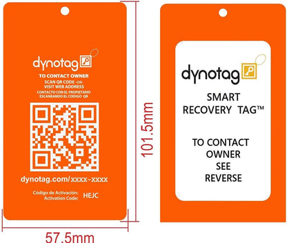 Dynotag® Web Enabled Smart Aluminum Convertible Luggage ID Tag + Braided Steel Loop, with DynoIQ™ & Lifetime Recovery Service (Electric Orange)