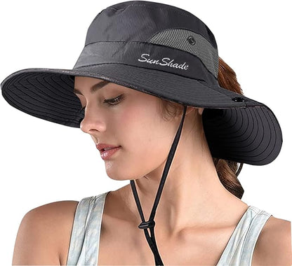 ZOORON Women's Ponytail Safari Sun Hat, Wide Brim UV Protection Outdoor Bucket by ZOORON