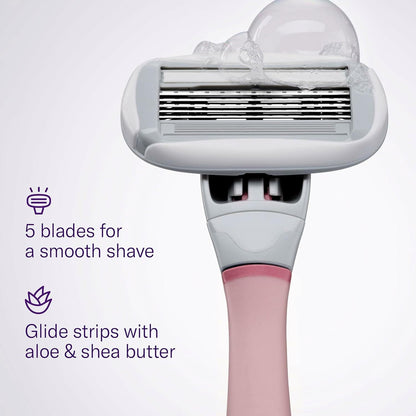 Flamingo Shaving Razor Set for Women - Original Razor Handle, 4 Blade Refills, and Shower Holder - Rose