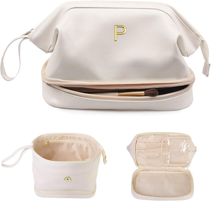 Girl Gift Ideas, White Makeup Bag, Initial Double Layer Cosmetic Bag with Makeup Brush Organizer, PU Leather Travel Toiletry Bag Gifts for Women Her Friend Sister Mom Gifts