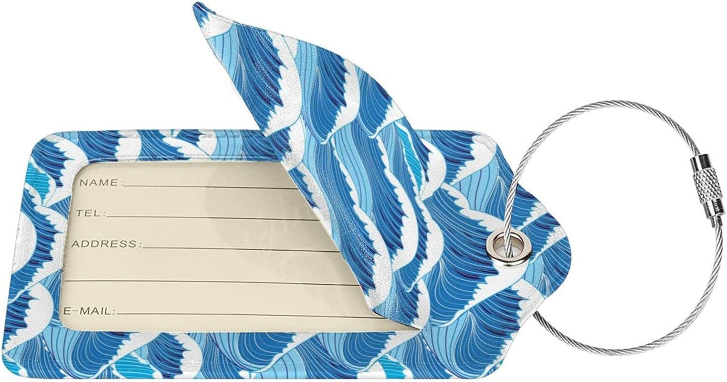 2PC Cartoon Waves Luggage Tag, Cute Blue Sublimation Printed Travel Suitcase Baggage Identifiers Tags for Women Men Kids Honeymoon Wedding Gift