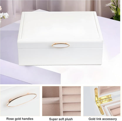 Small Jewelry Organizer for Women, 2-Layer Travel Jewelry Box with Portable Case, Necklace Ring Storage for Dresser, Girls Teens Gifts (White)