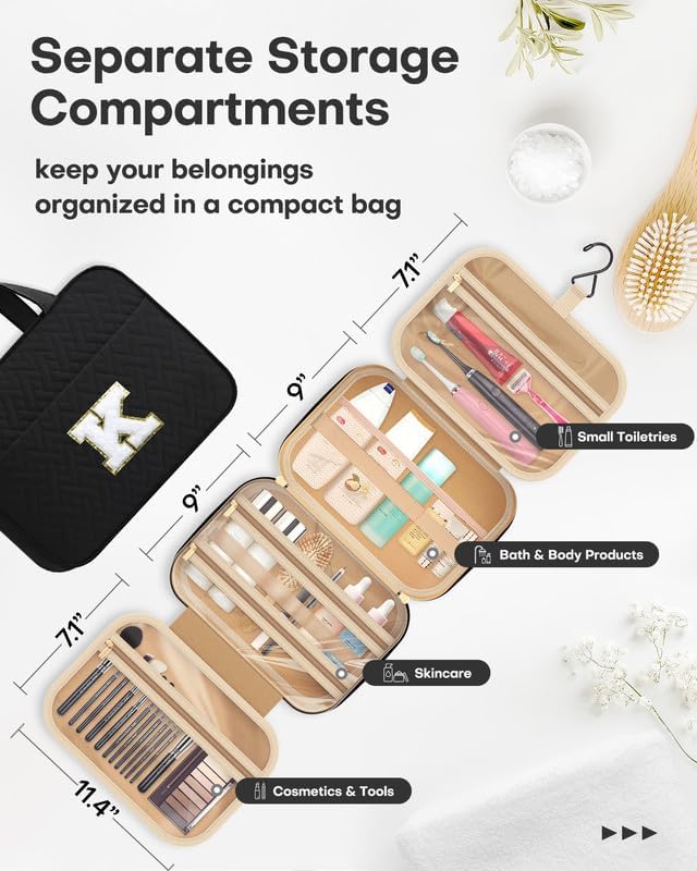 HOTOR Travel Toiletry Bag - Personalized Chenille Initial Makeup Bag, Water-Resistant Personalized Gifts for Women, Portable Travel Accessories & Essentials, Letter K, Black, 11.4"×9.0"×3.35"