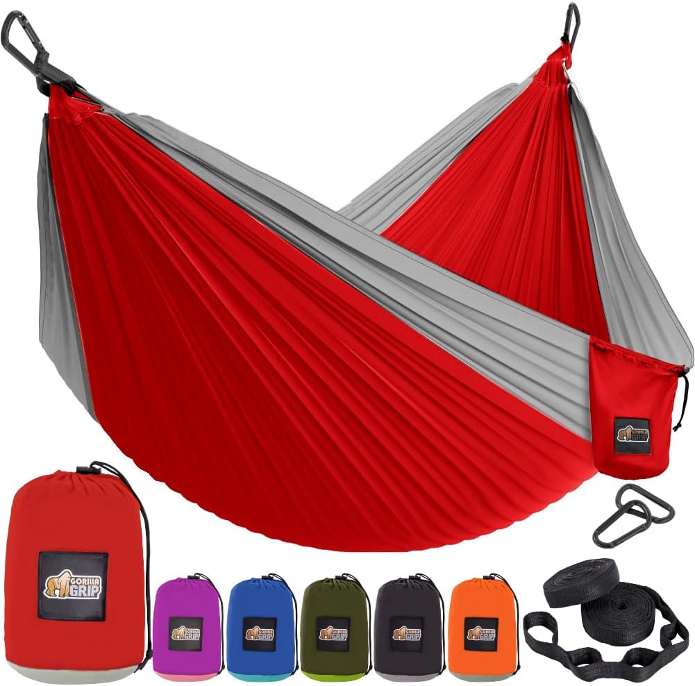 GORILLA GRIP Durable Portable Camping Hammock, Holds 400lbs with Heavy Duty Tree Straps, Comfortable Travel Swing, Camp Hammocks, Easy to Use and Install, Outdoor Essentials, Red, 9x4.5 FT