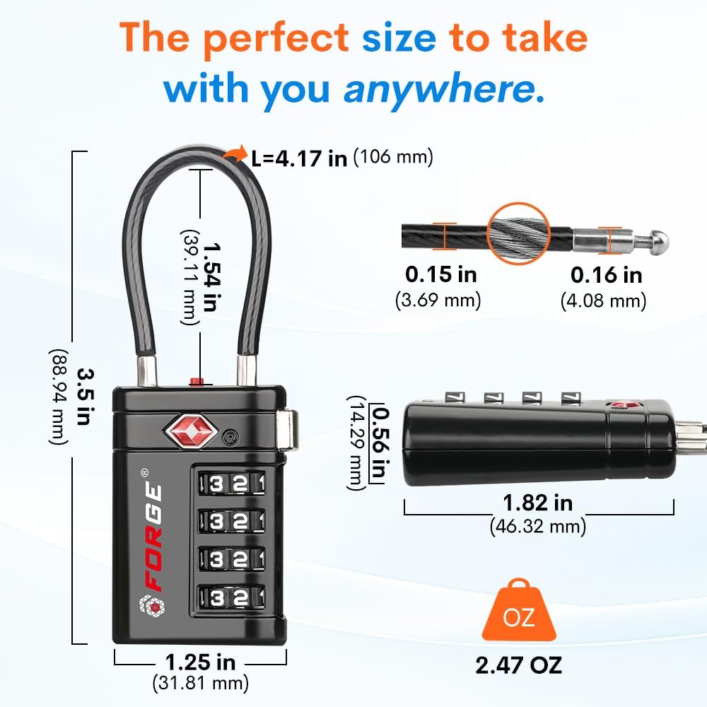 Forge TSA Approved Luggage Locks 4 Digit Combination TSA Travel Locks with TSA008, Open Alert Indicator, Zinc Alloy Body for Luggage, Suitcase, Backpack, and More. Black 4 Locks.