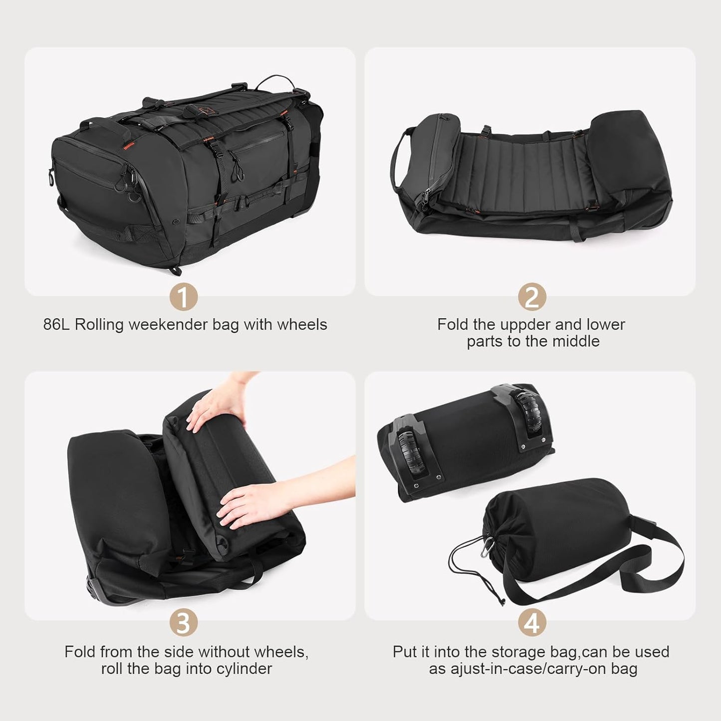 Rolling Duffle Bag with Wheels,86L 30”Folding Duffle Backpack with 2 Wheels,Travel Bag with Separate Shoe Compartment,Black