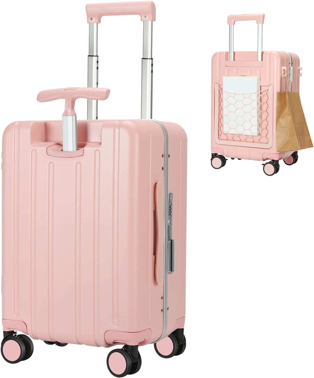 MRPLUM Carry On Luggage Double Handle Suitcase with Net Pocket,Hard Shell Spinner Wheels Luggage with TSA Lock&Seat Belt,20 inch,Pink