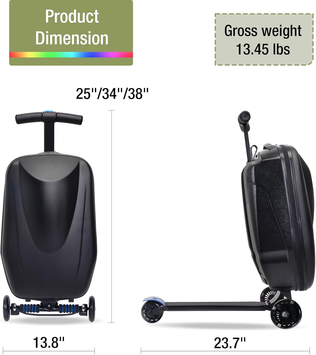 20" Scooter Suitcase for Kids, 2-in-1 Ride On Luggage with Wheels for Boys & Girls Ages 4-15, Foldable Hardshell Carry On Lightweight Travel Suitcase for Airplane