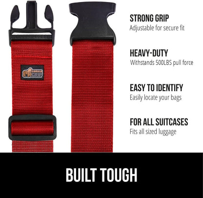 GORILLA GRIP Heavy Duty 4 Pack Adjustable Luggage Straps for Suitcases, Easy to Identify Travel Belt Connector Holds Suitcase Together, Extends Life of Bag, Strap Connects Two Bags, Accessories Red