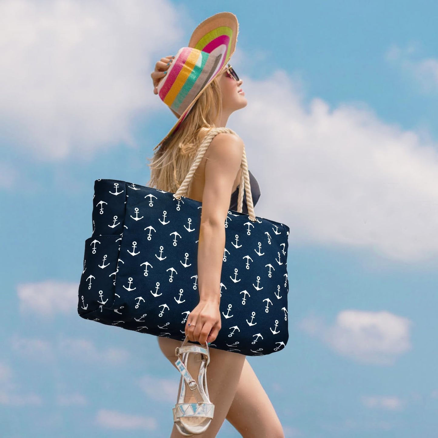 Becokan Beach Bag Large Beach Tote Bag for Women Waterproof Sandproof Swim Pool Bag With Zipper