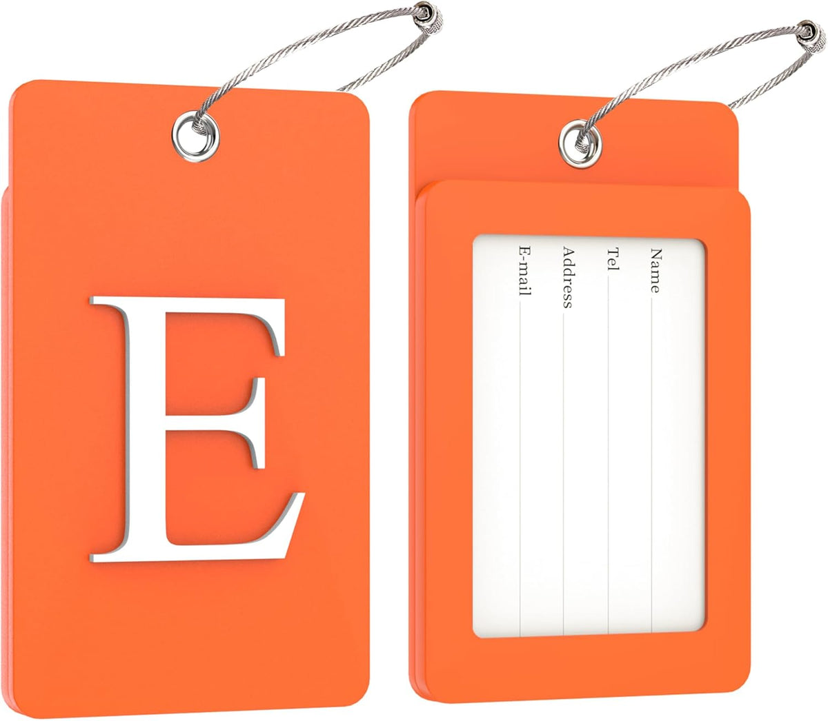 Gostwo 2 Pack Luggage Tags for Suitcases, 26 Initial Letter Travel Luggage Baggage Identification Labels ID Tag Fully Bendable Tags with Stainless Steel Loop (Orange) (Letter E)