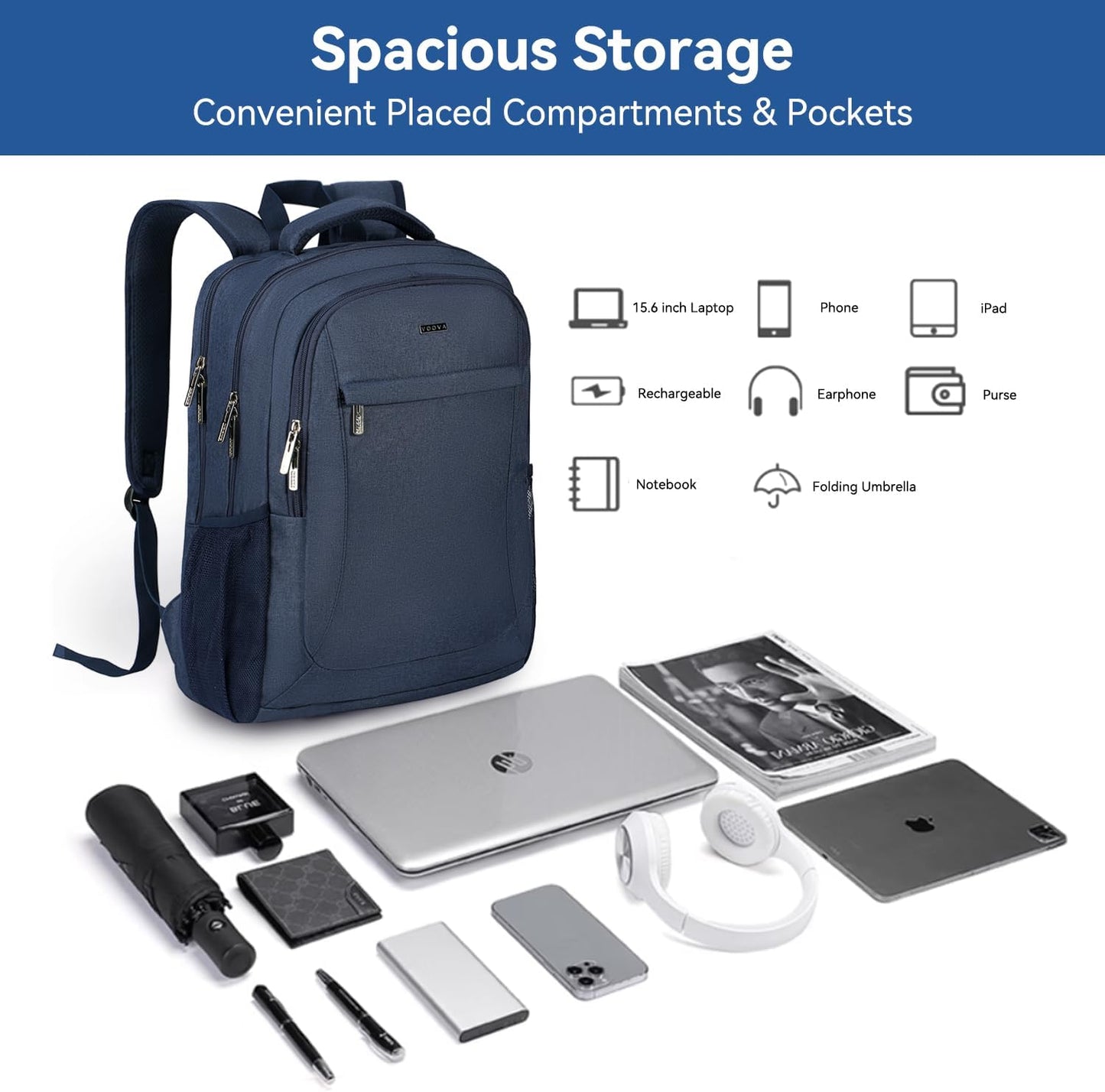 Voova Travel Laptop Backpack, Business Work Laptop Backpack for Women & Men with USB Charging Port, Waterproof Slim Durable College Computer Bag Fits 15.6 Inch Laptops and Notebook, Blue