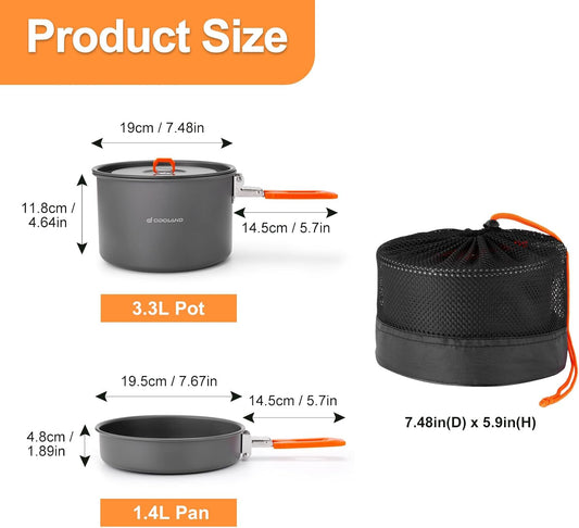 Odoland Camping Cookware Mess Kit, Non-Stick Lightweight Camping Pot and Fry Pan Set with Mesh Bag for Backpacking, Outdoor Cooking and Picnic