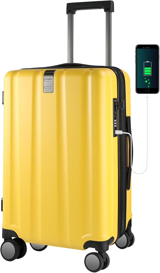 KROSER Hardside Expandable Carry On Luggage with Spinner Wheels & Built-in TSA Lock, Durable Suitcase Rolling Luggage with USB Port, Carry-On 20-Inch, Yellow