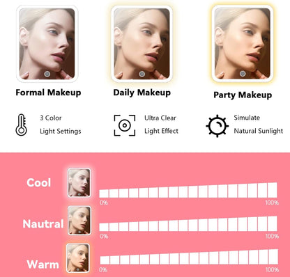 Travel Makeup Bag for Makeup Artists Large Makeup Case,with Mirror 3 Color Setting and Detachable 10x Magnifying Mirror Travel Makeup Bag,Portable Storage and Adjustable Dividers（light red）