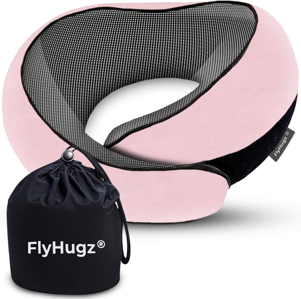 FlyHugz® Neck Travel Pillow | Memory Foam Neck Pillow for Comfort on Airplane | Compact and Ergonomic Design for Travel, Car Rides, and Home Use | Ideal for Adults and Kids (Pink)