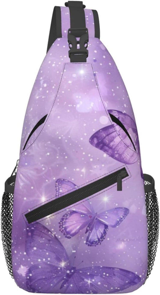 SUPLUCHOM Sling Bag Butterfly Purple Pastel Hiking Daypack Crossbody Shoulder Backpack Travel Chest Pack for Men Women