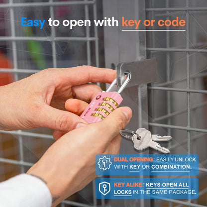 Forge Dual-Opening: Key or Combination Access Lock, TSA Approved Locks for Luggage, Pelican case, Travel, Gym, School, Stainless Steel Shackle. (Pink, 2 Pk)