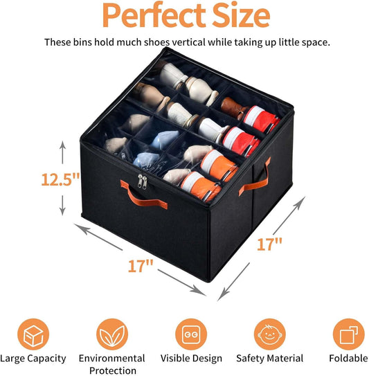 2 Pack Shoe Organizer for Closet, Fits up to 32 Pairs, Adjustable Dividers for Shoe Storage, Space-Saving Shoe Bins and Clear Top, Black