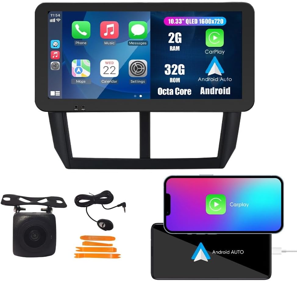 Kunfine CarPlay Android Auto Navigation Stereo GPS Radio Reverse Camera Display 10.33" QLED Touchscreen Headunit Tablet Pad Media Player for Subaru Forester 2007-2013, if Applicable Octa Core 2G+32G
