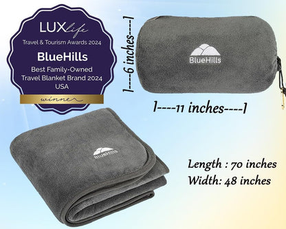 BlueHills Travel Blanket Pillow Rolled Premium Soft Plush Airplane Throw Traveling Essentials Compact in a Bag 70 X 48 inches for Long Plane Flight Portable Lightweight Grey Gray R01